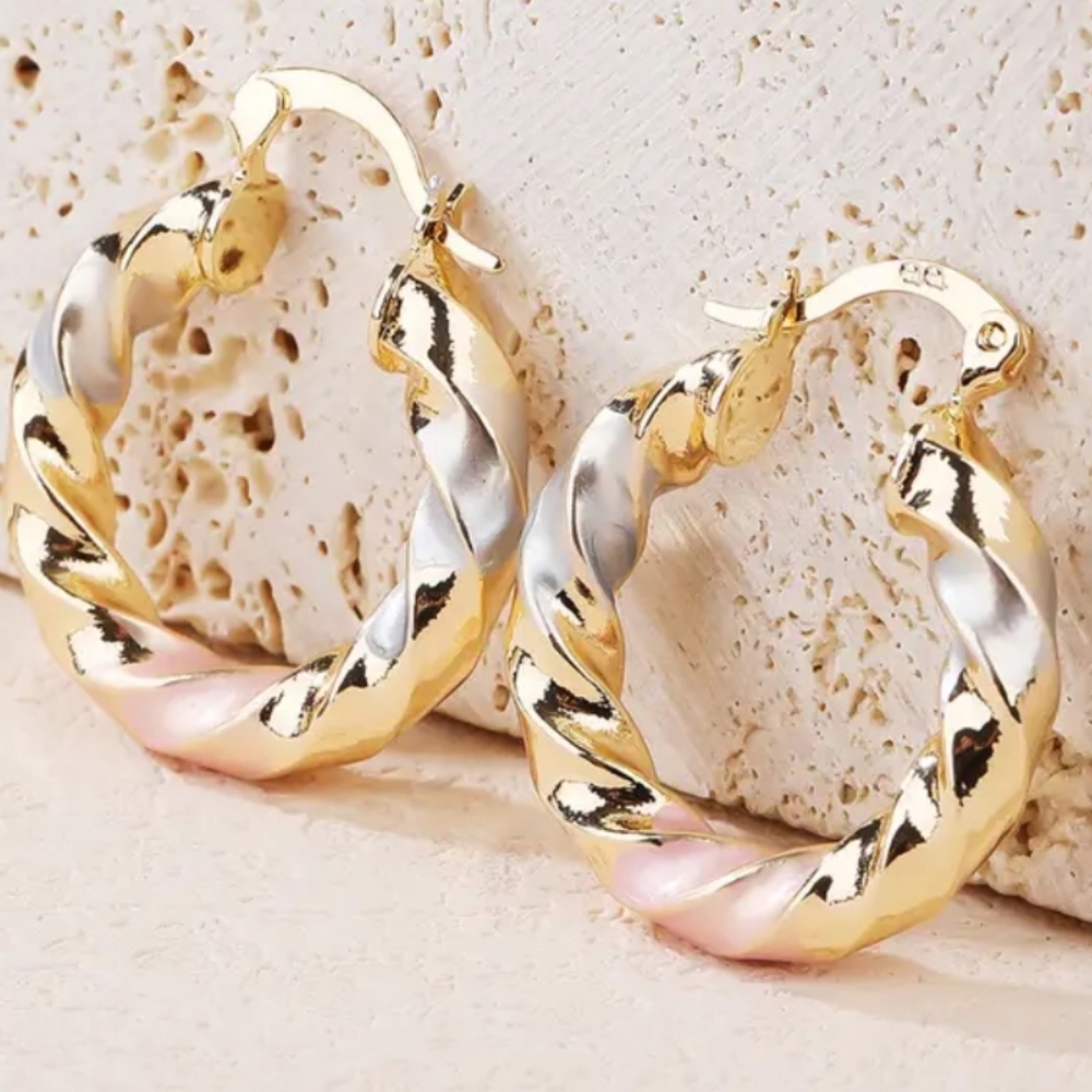AUTHENTIC SEXY CLASSY CHUNKY GENUINE 14K TRI-GOLD OVER STAINLESS STEEL HOOPS